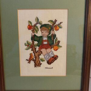 Cross Stitch Hummel Apple Tree Boy Matted and Framed under glass Cottagecore